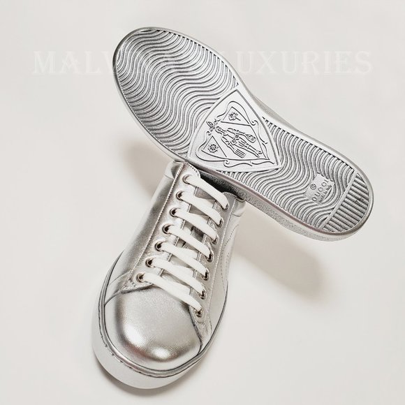 GUCCI SNEAKERS NEW ACE SILVER LEATHER INTERLOCKING G LOGO SHOES 7.5G 8 US - Picture 10 of 14